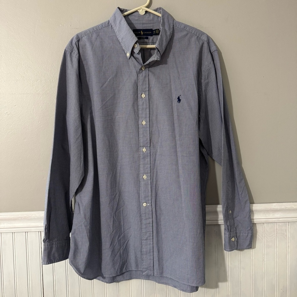 Ralph Lauren Men’s Slim Fit Shirt 18 34/35 Blue Gingham Embroidered Blue Pony